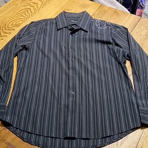 7 Diamonds Mens Shirt BLACK Striped FLAW Preowned LARGE Long Sleeves Casual Work